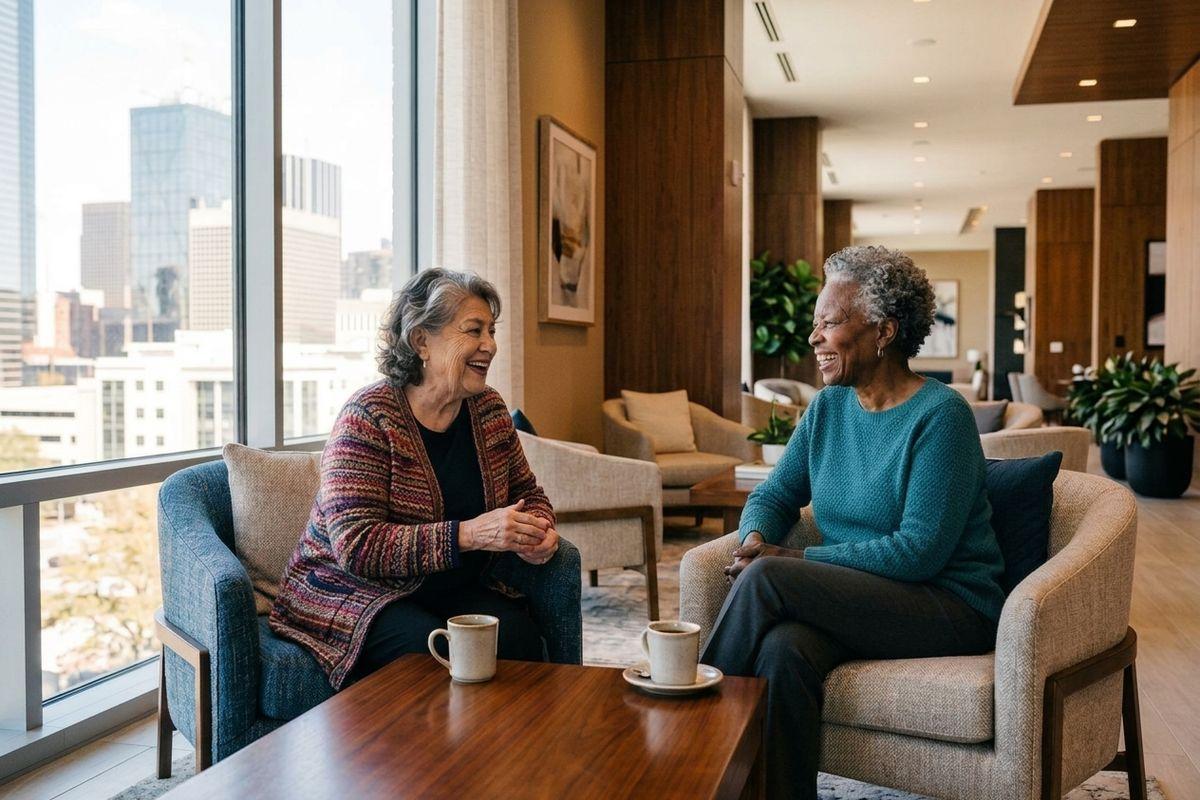 Smiling seniors sharing a conversation in a bright, modern luxury senior living community in Dallas.