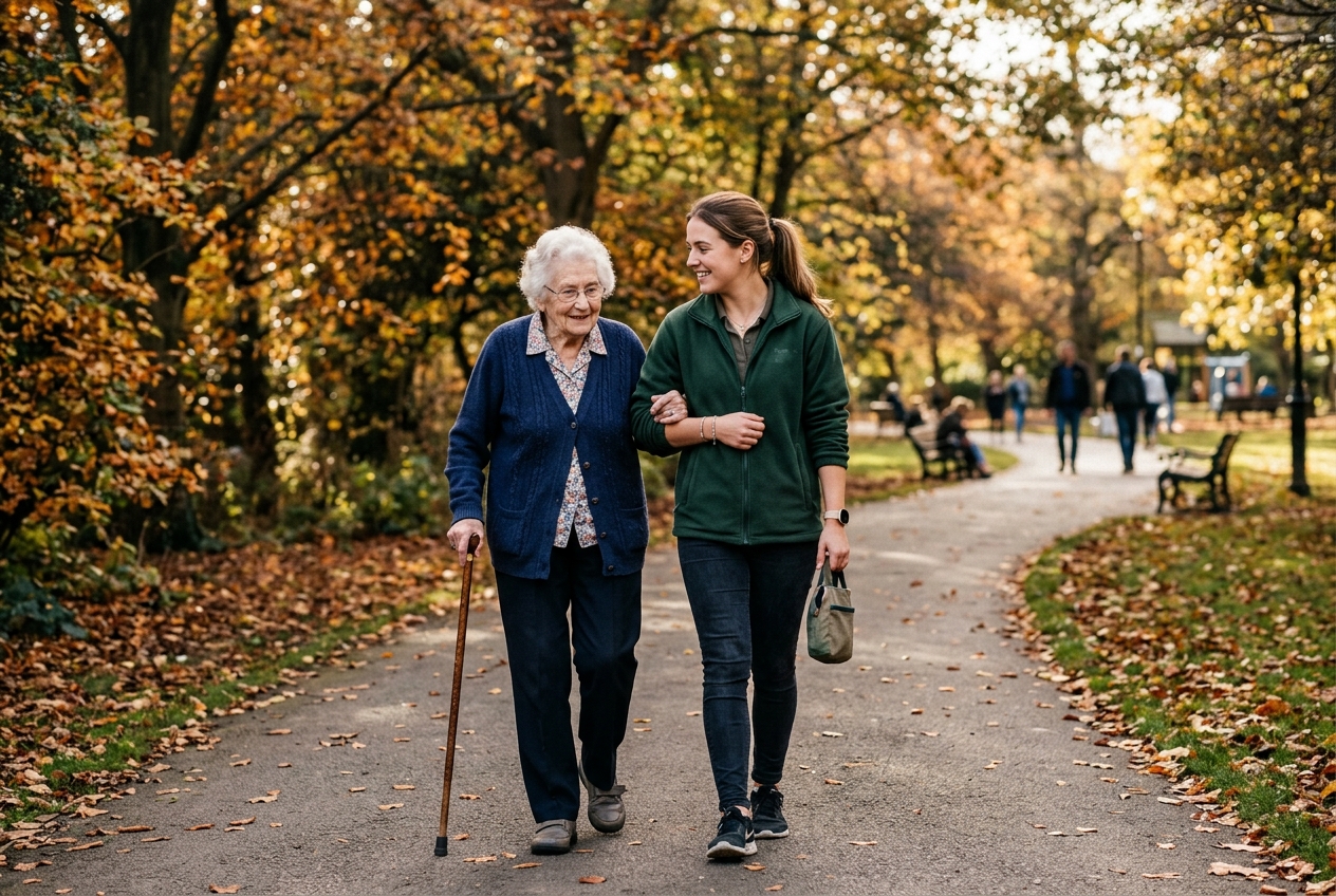 An elderly woman with a cane walks arm-in-arm with a smiling younger woman along an autumn park path lined with fallen leaves.