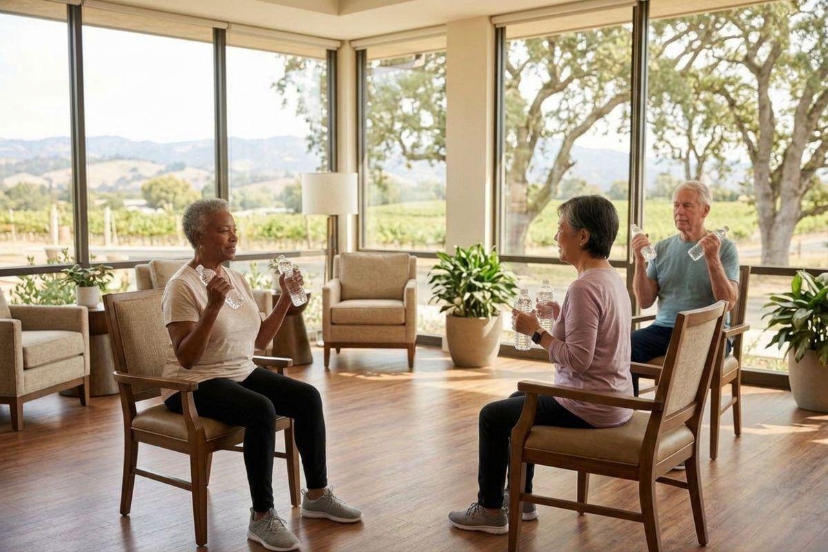 Three older adults sit in chairs doing arm exercises with water bottles in a sunlit community with large windows overlooking trees and hills.