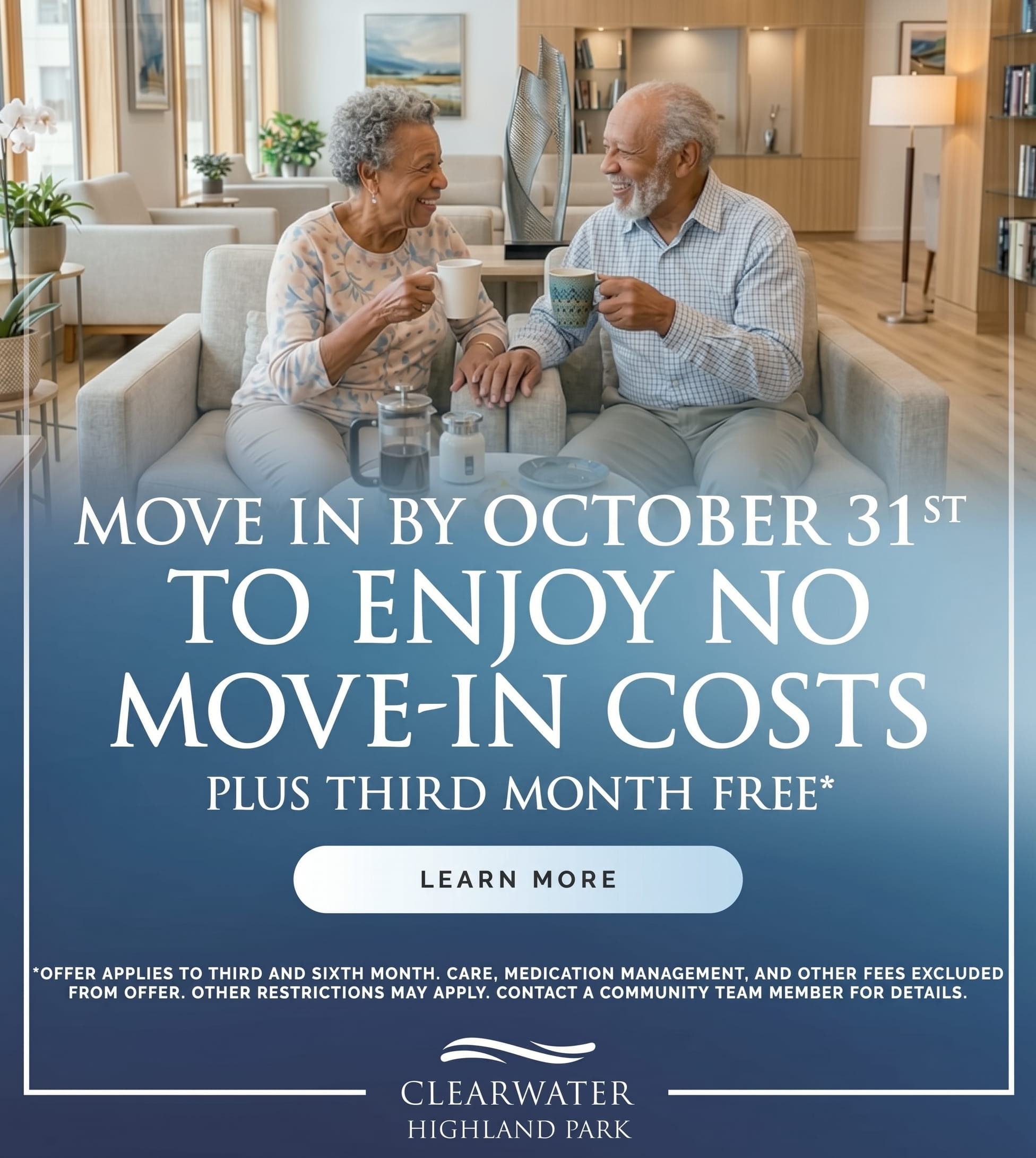 Elderly couple chatting and smiling on a sofa in a modern living room; promotional text overlays about move-in by October 31 and learn more button.
